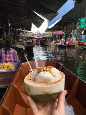 Coconut ice cream at Damnoen Saduak floating market outside of Bangkok, Thailand