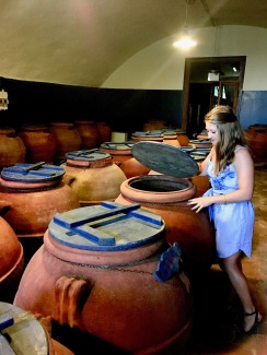 In the olive barrel room of Villa Li Corti in Italy